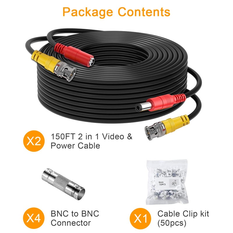 WILDHD BNC Cable, 2x150ft All-in-One Siamese Video and Power Security Camera Cable Wire with 2 Female Connectors for Max 5MP HD CCTV DVR Surveillance System (150ft 2PCS, Black) - Image 4